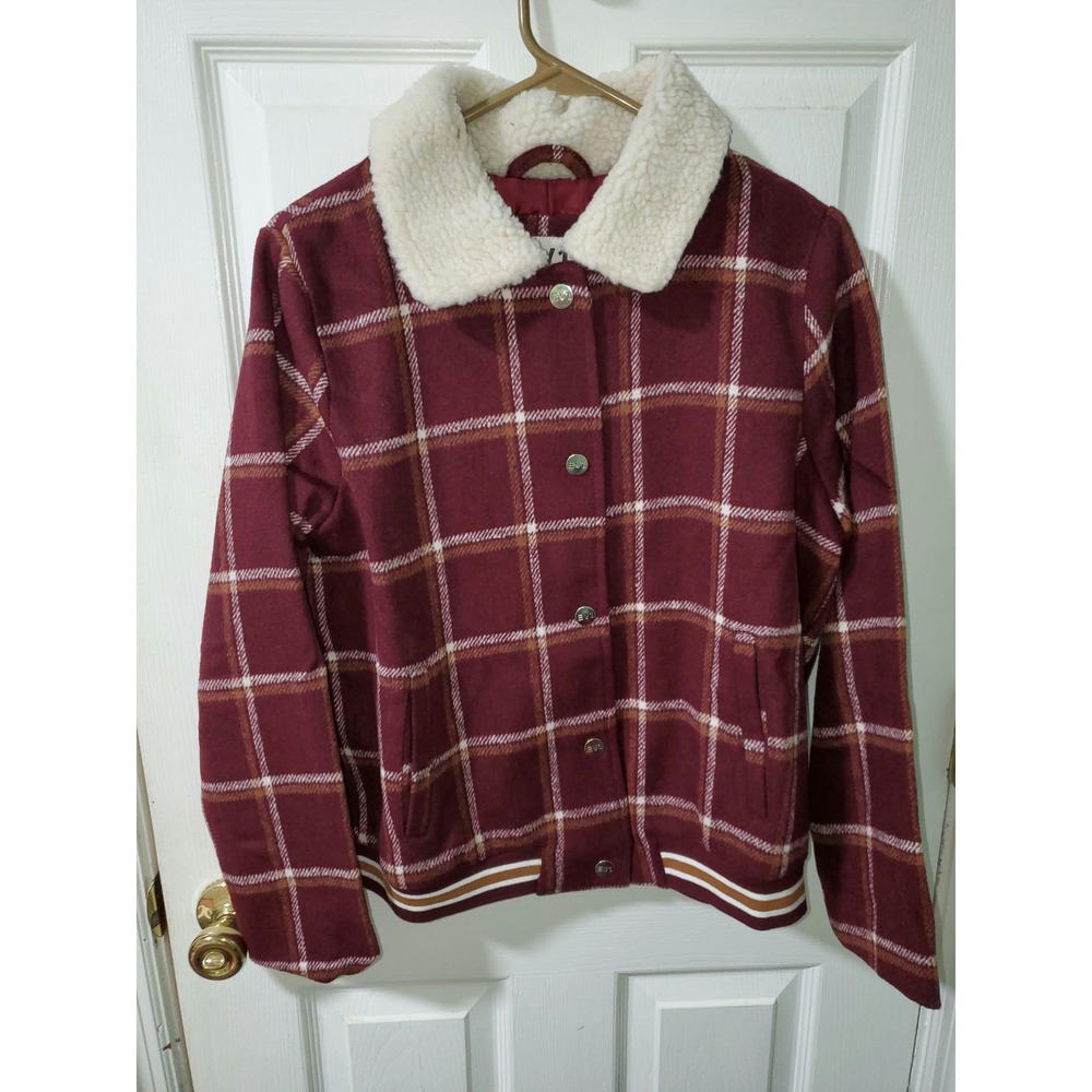 EV1 Burgundy Plaid Sherpa Collar Wool Blend Jacket M NEW